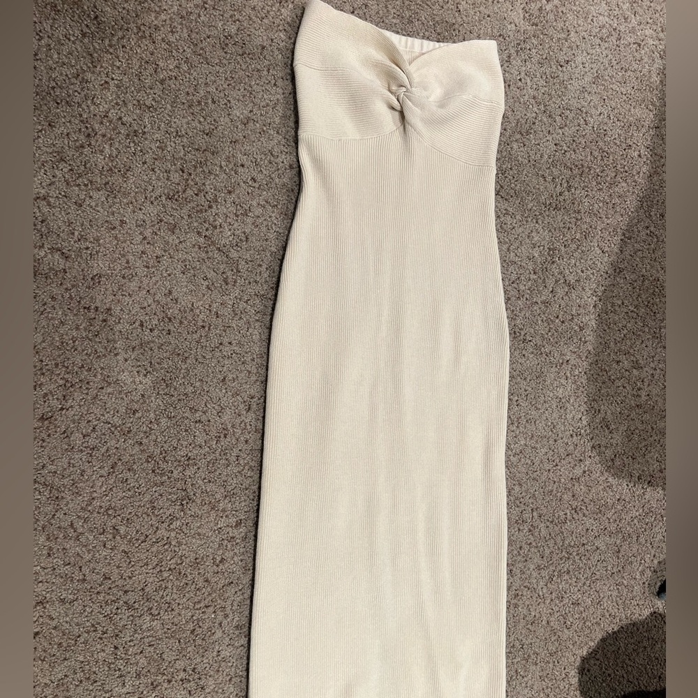 Size small twist knot front, ribbed knit dress, strapless maxi